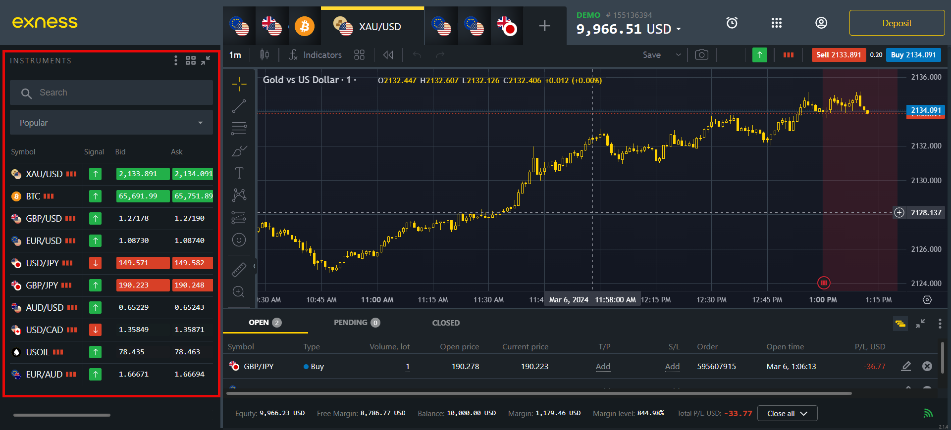 Exness Terminal web platform showing a gold (XAU/USD) chart, the instruments watchlist and open positions