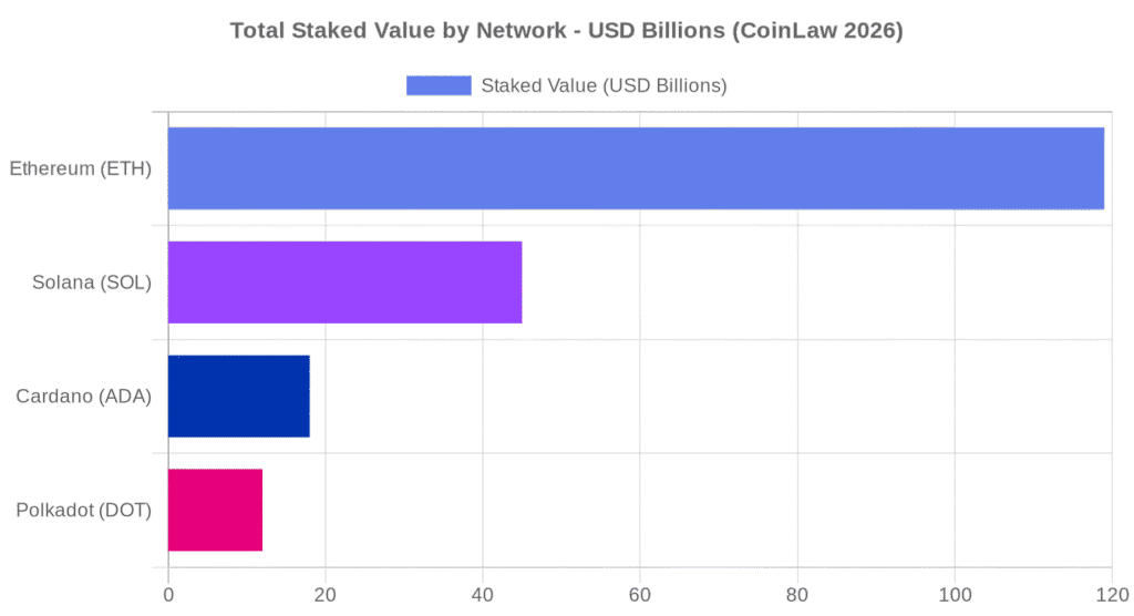 Staked value by network: ETH $119B leads, Solana $45B, Cardano $18B, Polkadot $12B (CoinLaw 2026)