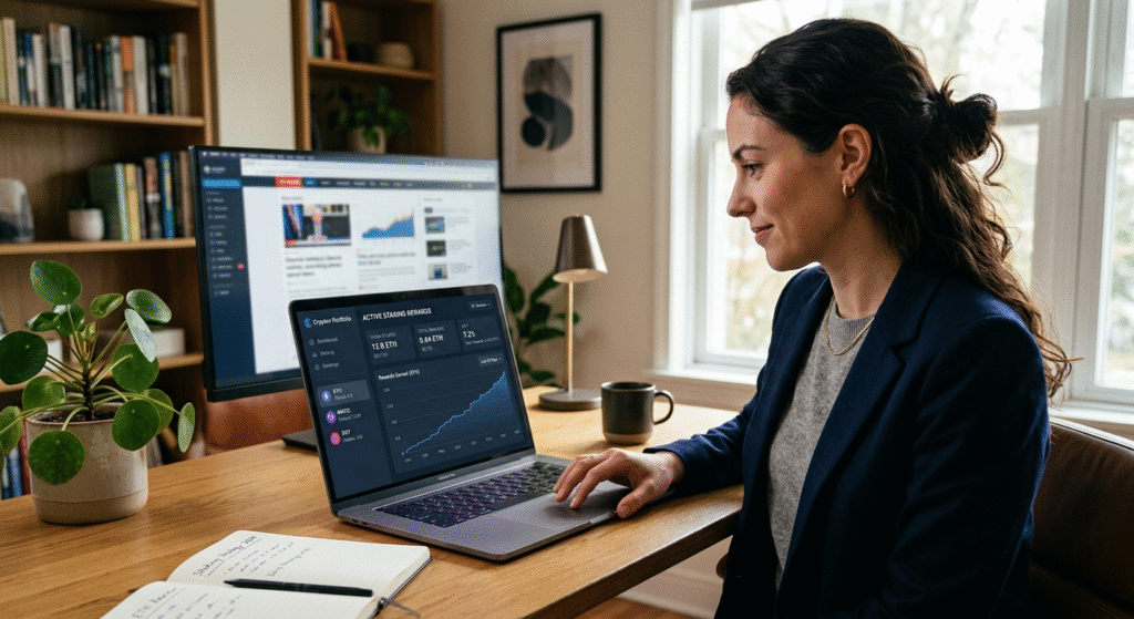 Crypto investor reviewing staking rewards dashboard on laptop in home office