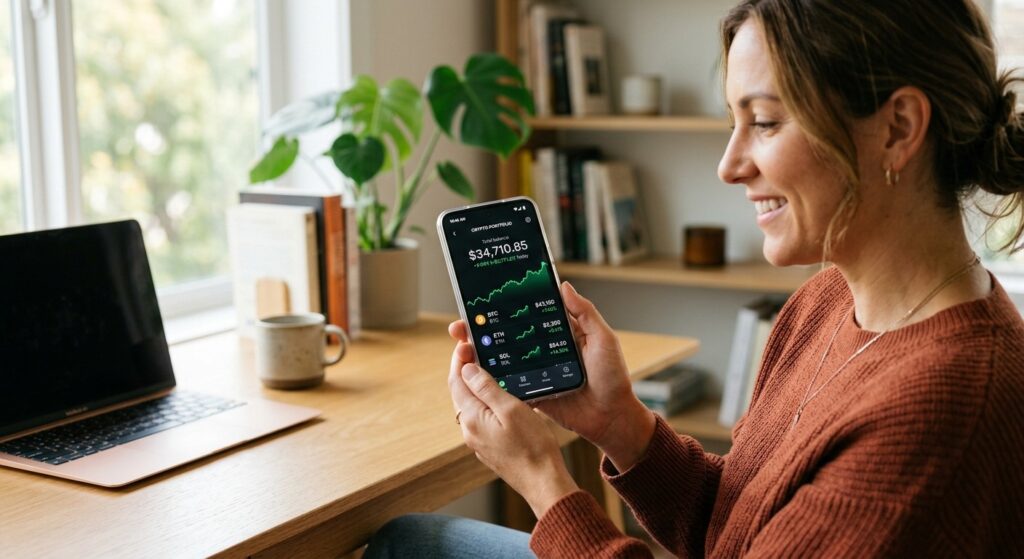 Person checking crypto portfolio airdrop tokens on smartphone