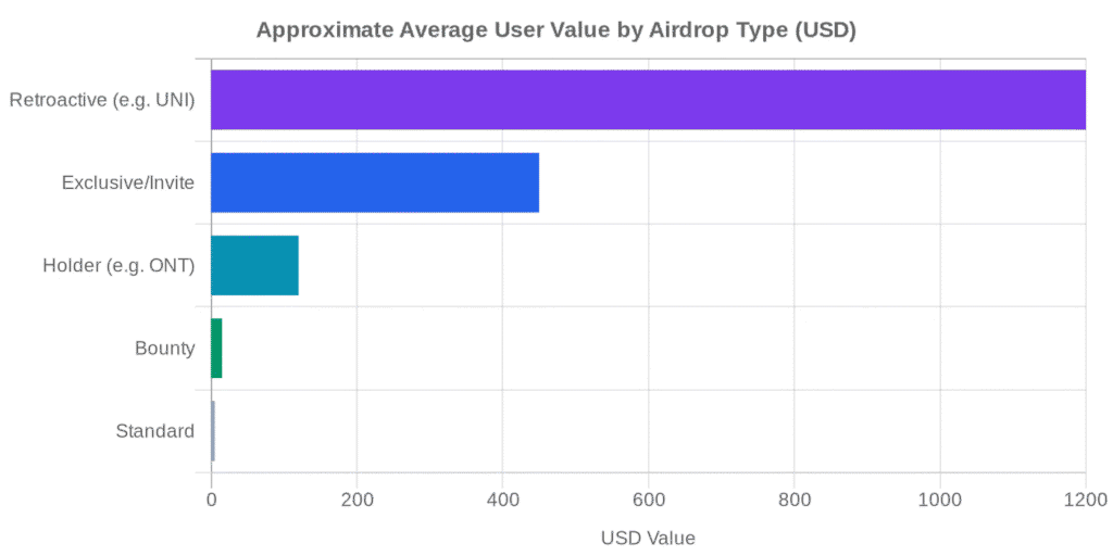 Approximate average user value by airdrop type: retroactive airdrops far exceed standard and bounty types