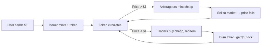 Stablecoin peg mechanics: arbitrage loop keeps price anchored at $1 through minting and redemption