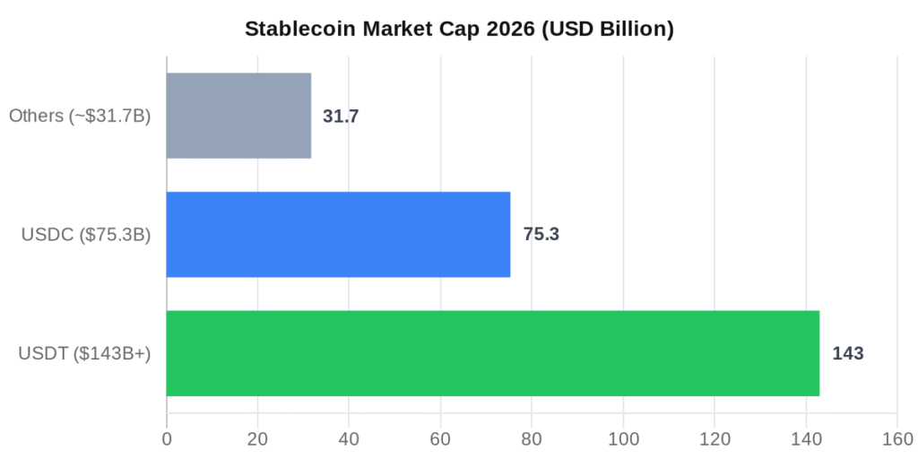 USDT vs USDC stablecoin market cap comparison 2026: USDT $143B leads, USDC $75.3B growing 72% YoY