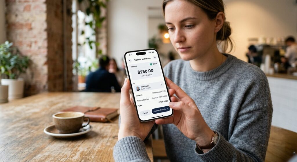 Mobile user completing a stablecoin USDT transfer transaction on smartphone app in café