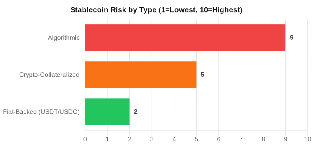 Stablecoin risk by type: fiat-backed 2/10, crypto-collateralized 5/10, algorithmic 9/10
