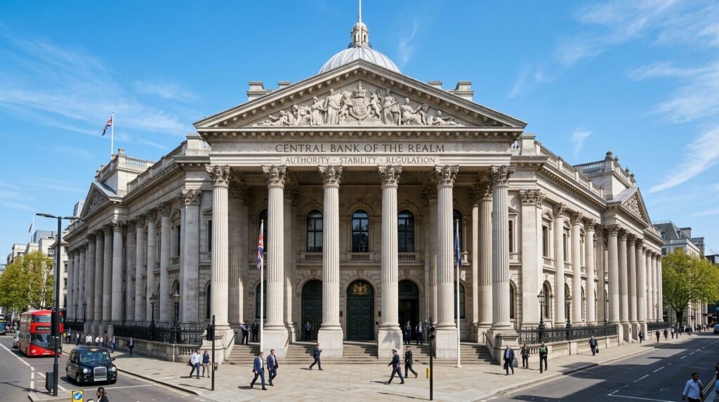 Central bank building representing stablecoin regulation and GENIUS Act financial oversight 2026