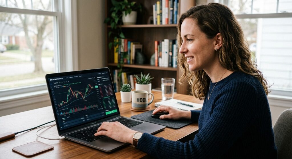 Crypto user monitoring stablecoin portfolio and market data on laptop screen