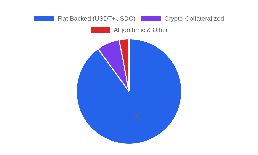 Stablecoin market share 2026: fiat-backed USDT+USDC at 90%, crypto-collateralized 7%, algorithmic 3%