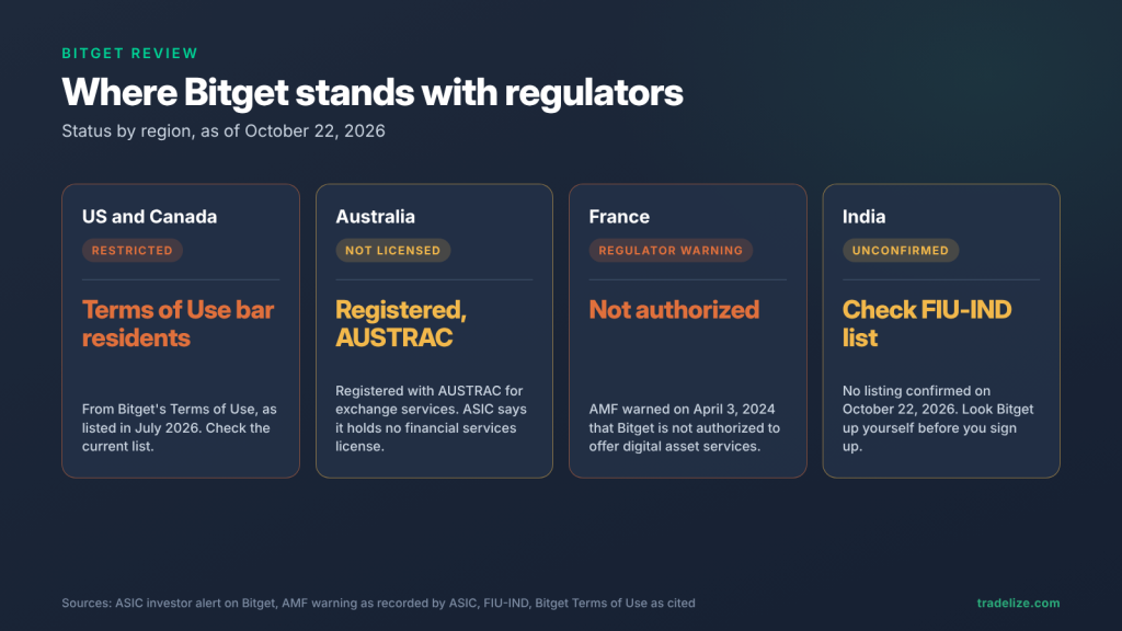 Bitget's regulatory status as of October 22, 2026: restricted for US and Canadian residents, registered with AUSTRAC but not licensed for financial services in Australia, warned against by France's AMF, and unconfirmed with FIU-IND in India