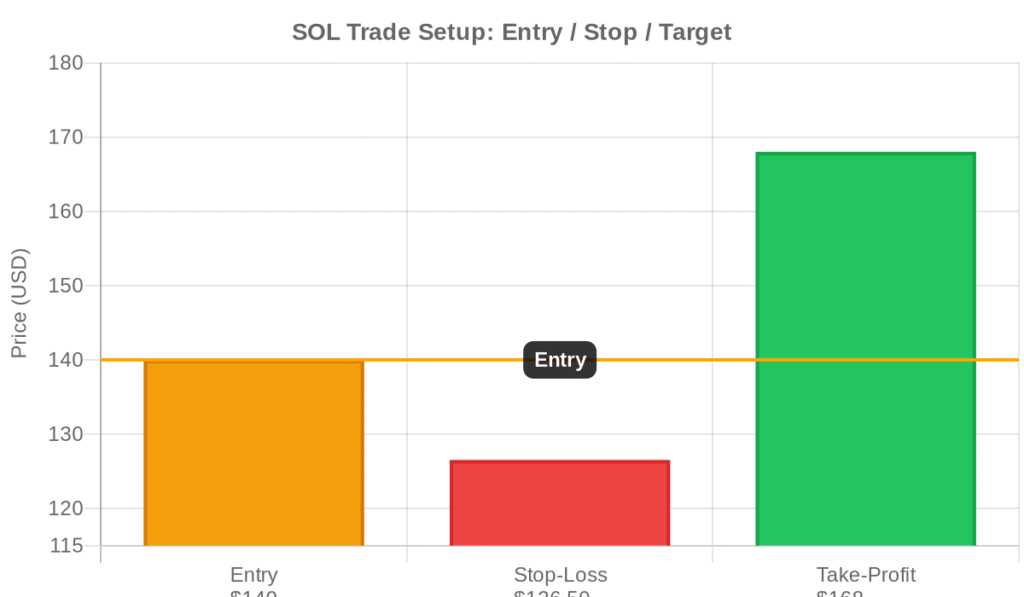 SOL trade setup showing entry at $140, stop-loss at $126.50, and take-profit at $168