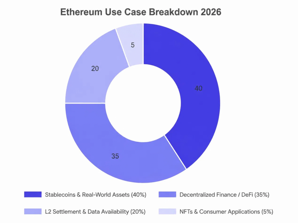 Donut chart of Ethereum use cases in 2026, stablecoins and real-world assets 40%, DeFi 35%, Layer-2 settlement 20%, NFTs and consumer apps 5%