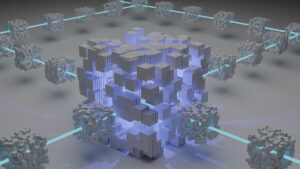 Smart contract running as code on a blockchain network of connected data blocks